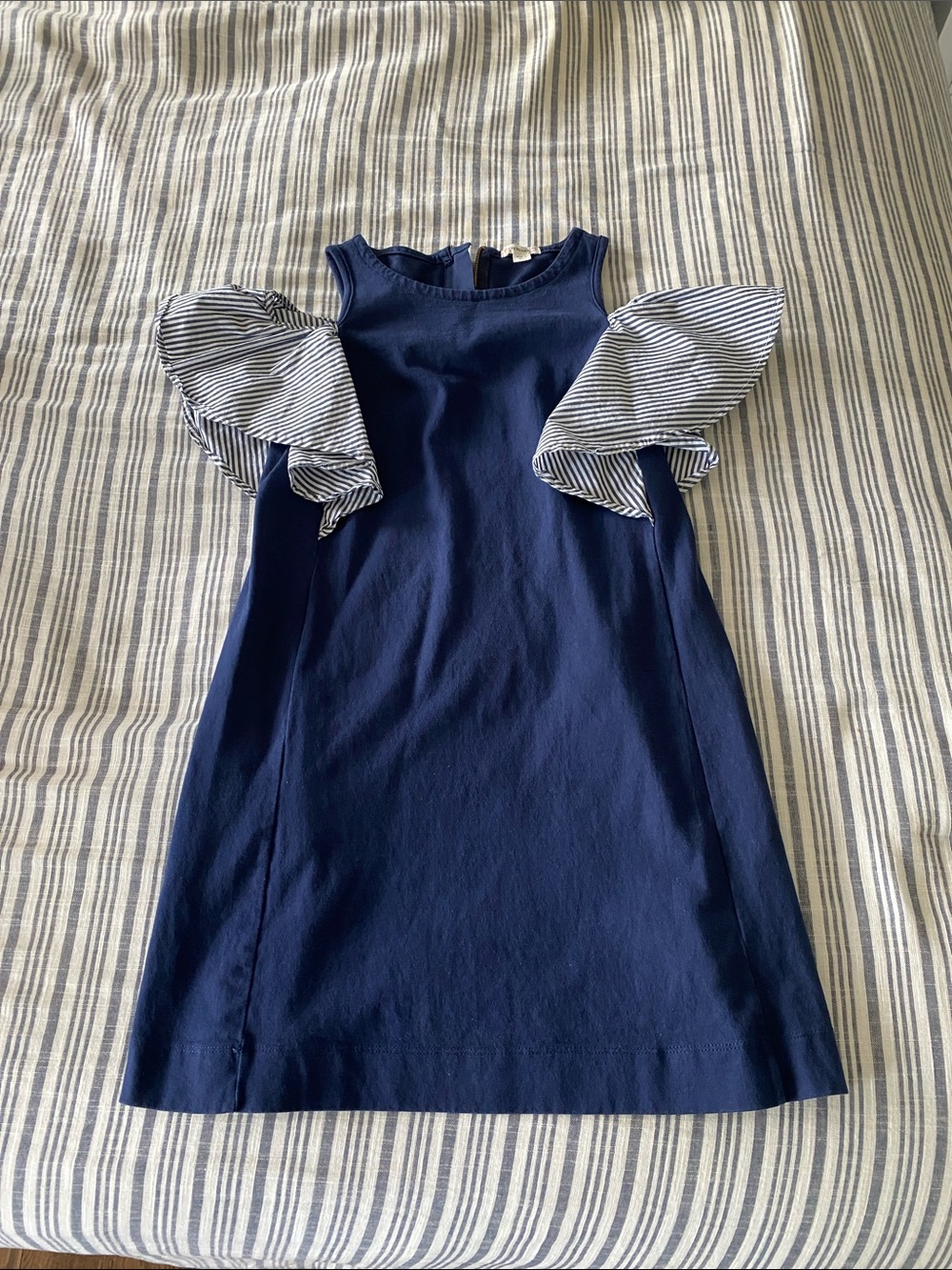 Crewcuts Navy Dress with White-and-Navy Striped Flutter Sleeves